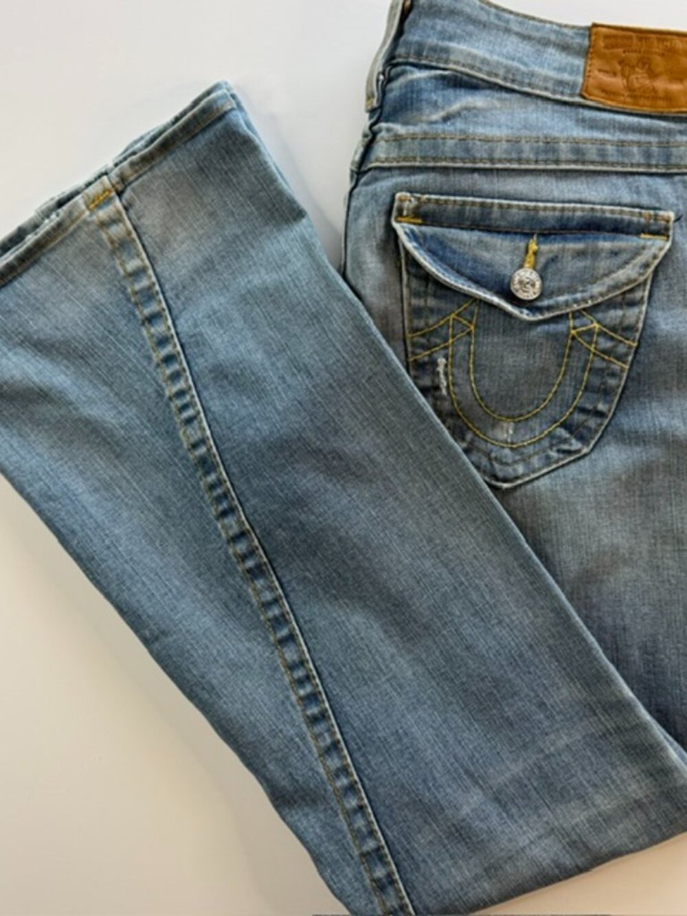 True Religion Jeans Women's 31 Blue Disco Flare Flap Pockets USA